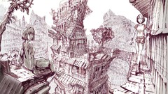 Monochrome cities anime girls short hair fantasy art sketches