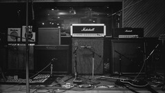monochrome indoors Music studio microphone speakers