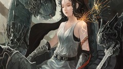 Monsters anime girls closed eyes black hair hydra artwork 