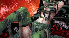 Moon bondage green hair cleavage arms raised