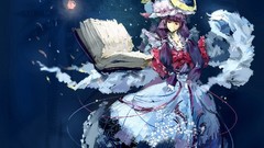 Moon Books dress hats blue background red eyes bows long hair 