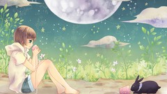 Moon brown rabbits anime girls green eyes artwork