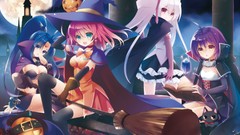 Moon cats dress witch Halloween white hair red eyes pumpkins 