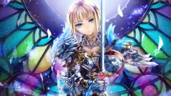 Moon dress armor Swords blondes shields blue eyes short hair 