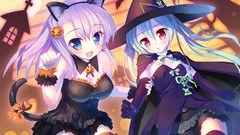Moon dress bat hats Halloween red eyes blue hair anime girls 