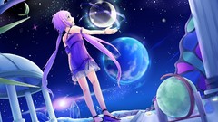 Moon globe long hair vocaloid bare shoulders purple hair purple 