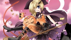 Moon Halloween blondes anime girls blue eyes witches short hair 