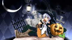 Moon hats witch Halloween red eyes pumpkins skirts anime girls 