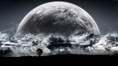 moon monochrome clouds space art landscape digital art
