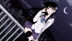 Moon railing red eyes school uniforms cityscapes black hair 