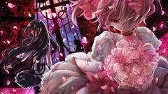 Moon roses bouquet tears dress pink hair pink eyes anime girls 