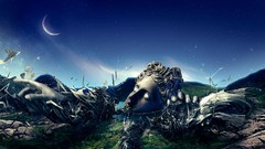 Moon ruins statues night sky sculptures artwork fantasy art