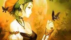 Moon short hair yellow eyes green hair cleavage Patipat 