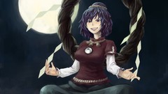 Moon teeth goddess red eyes sitting Ropes skirts blue hair 