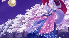 Moon white hair kimono long hair anime girls yellow eyes cherry 