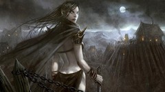 Moon woman paintings Warriors Swords artwork fantasy art towns