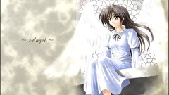 Mosaic dress sitting long hair anime girls brown eyes brunettes