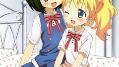 Mosaic sitting blondes anime girls blue eyes brown eyes 