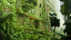 Moss signs Tokyo abandoned buildings vines artwork futuristic 