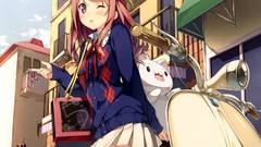 Motorcycles skirts pink hair long hair anime girls school 