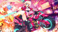 Motorcycles Swords blondes long hair anime girls blue eyes 