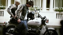 Motorcycles woman blondes Leather Jacket triumph bonneville 