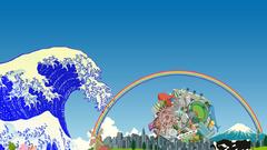 Mount fuji Cows windmills