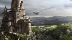 Mountains Aircraft steampunk buildings science fiction fantasy 