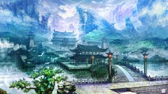 Mountains asian architecture artwork fantasy art