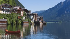 Mountains Austria canoe lakes buildings hallstatt