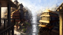 Mountains balcony Bridges cities rooftops artwork fantasy art