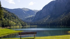 Mountains bench lakes skies forests