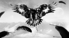 Mountains Birds feathers Prey Bunnies artwork grayscale 