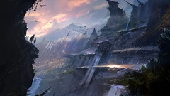 Mountains Birds fortress cities fantasy art futuristic