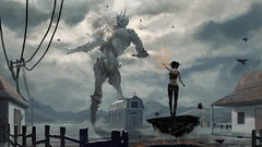 Mountains Birds Monsters cities artwork giant monsters