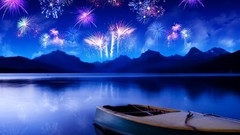 Mountains Boats fireworks lakes artwork