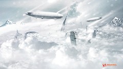 Mountains clouds Aircraft Skyscrapers buildings artwork 