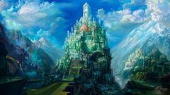 Mountains clouds Castles fantasy art