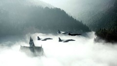 Mountains clouds Castles mist forests jet aircraft