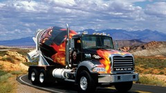 Mountains clouds mixer trucks mack