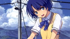 Mountains clouds tie blue hair blue eyes school uniforms ano 