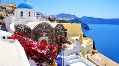 Mountains coast Greece buildings cityscapes bougainvillea