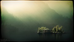 Mountains Islands lakes houses mist digital art