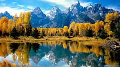 Mountains Lake reflection Trees fall Canada nature landscape