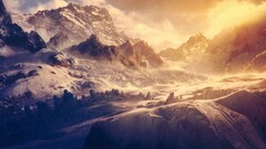 Mountains landscape nature snow sunlight digital art winter ice