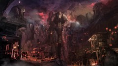 Mountains lights smoke statues artwork fantasy art wooden 