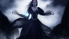 Mountains magic woman blue light sorcerer witches black dress 