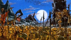 Mountains moon fight shield Castles skeletons spears fantasy 