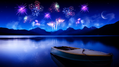 Mountains moon fireworks ships