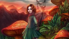 Mountains mushrooms Plants scarfs blue eyes orange hair artwork 